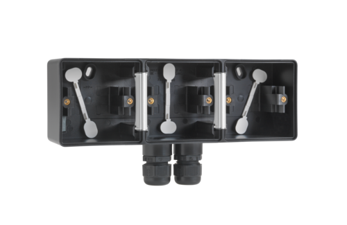 Splashproof horizontal threefold surface-mounting box with one double ...