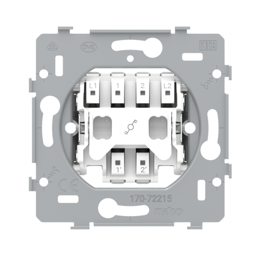 Base for a two-pole two-way switch, 10 A, plug-in terminals